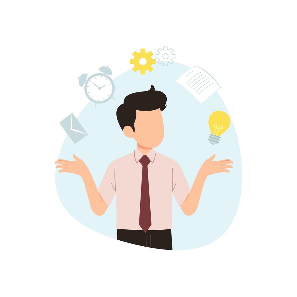 Multitasking man. Businessman with many job solves tasks at same time vector