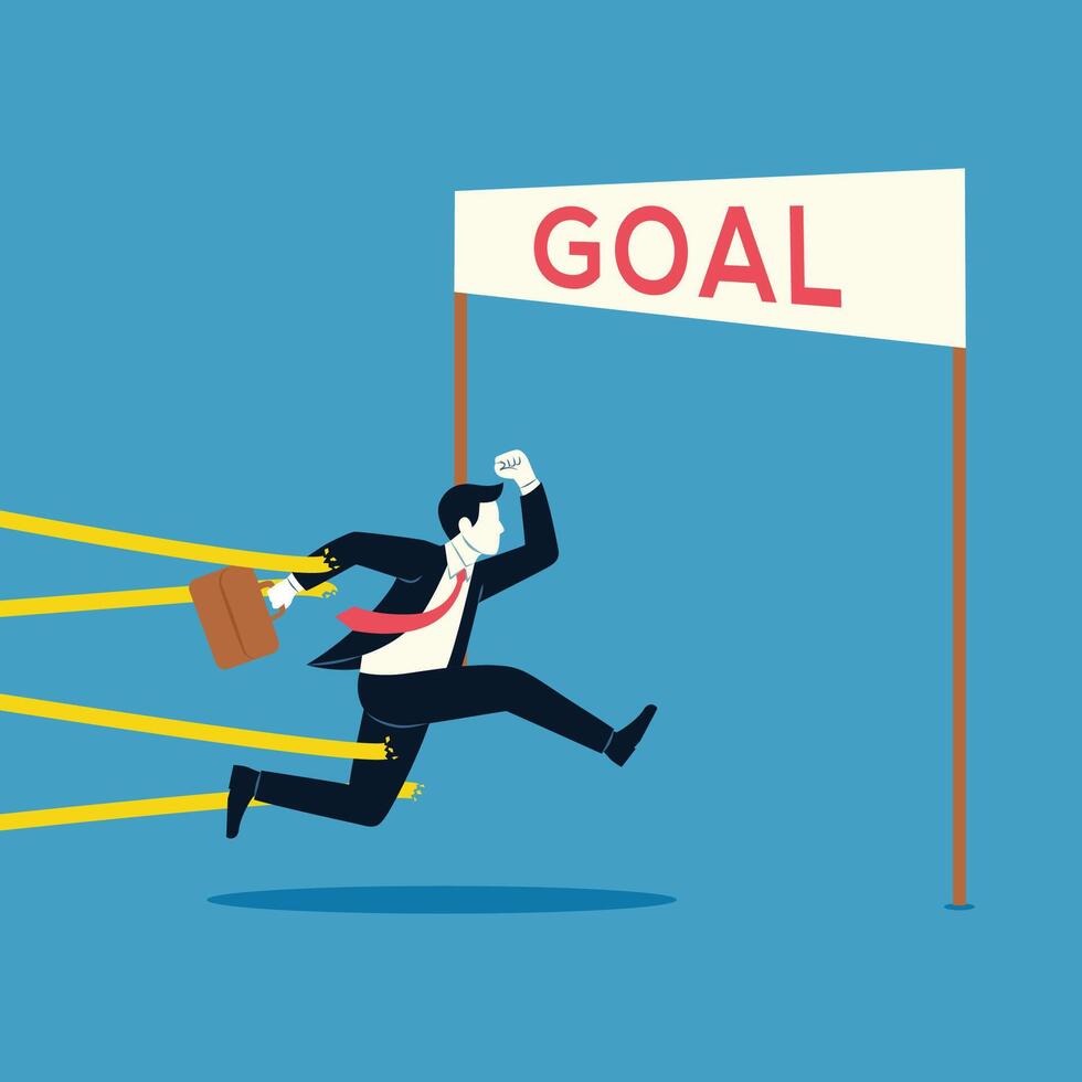 Businessman reach business goal, success, achievement or challenge to overcome obstacle vector