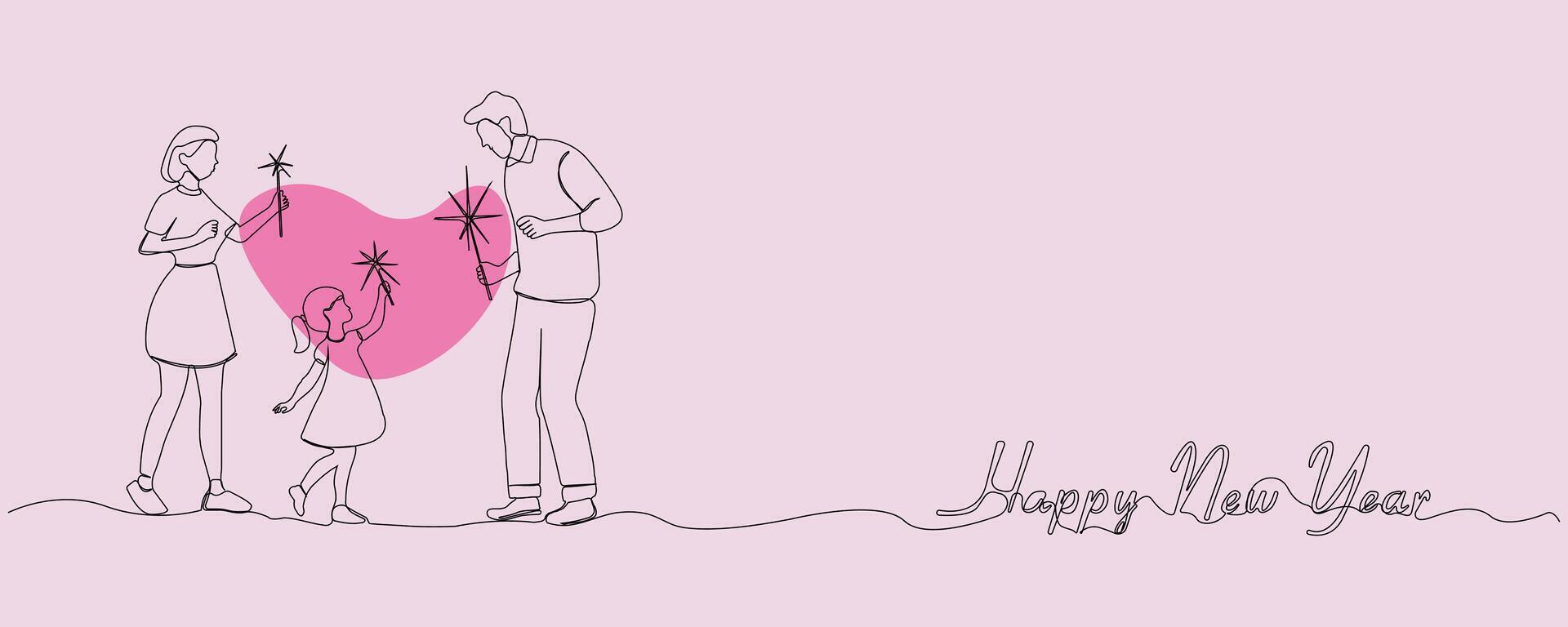 Hand-drawn family celebrating New Year together continuous line art drawing. Happy New Year concept background. vector