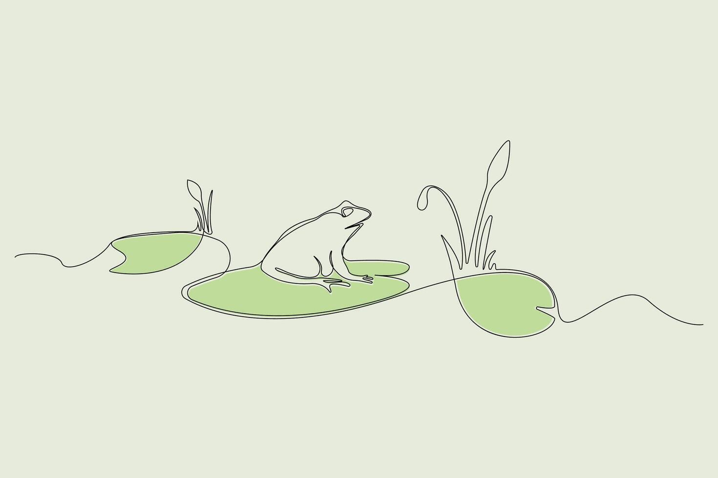 Hand-drawn frog sitting on leaf one line art drawing. Frog with water lily leaf background in doodle style. vector