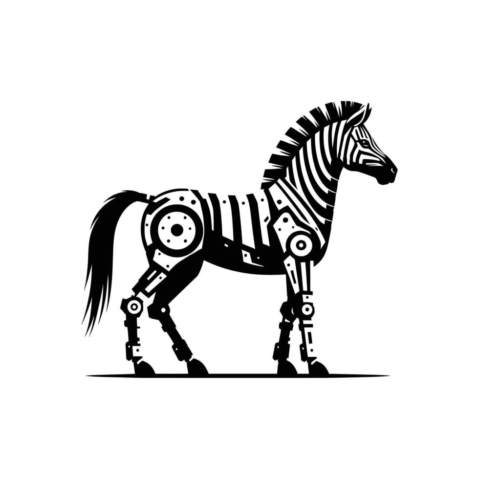 Black and White Cyber Zebra Robot with Futuristic Mechanical Details in Silhouette Format vector