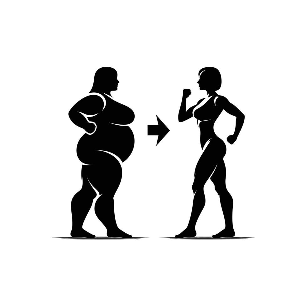 Fitness Motivation Silhouette Fat and Fit Woman Comparison for Health and Weight Loss Design vector