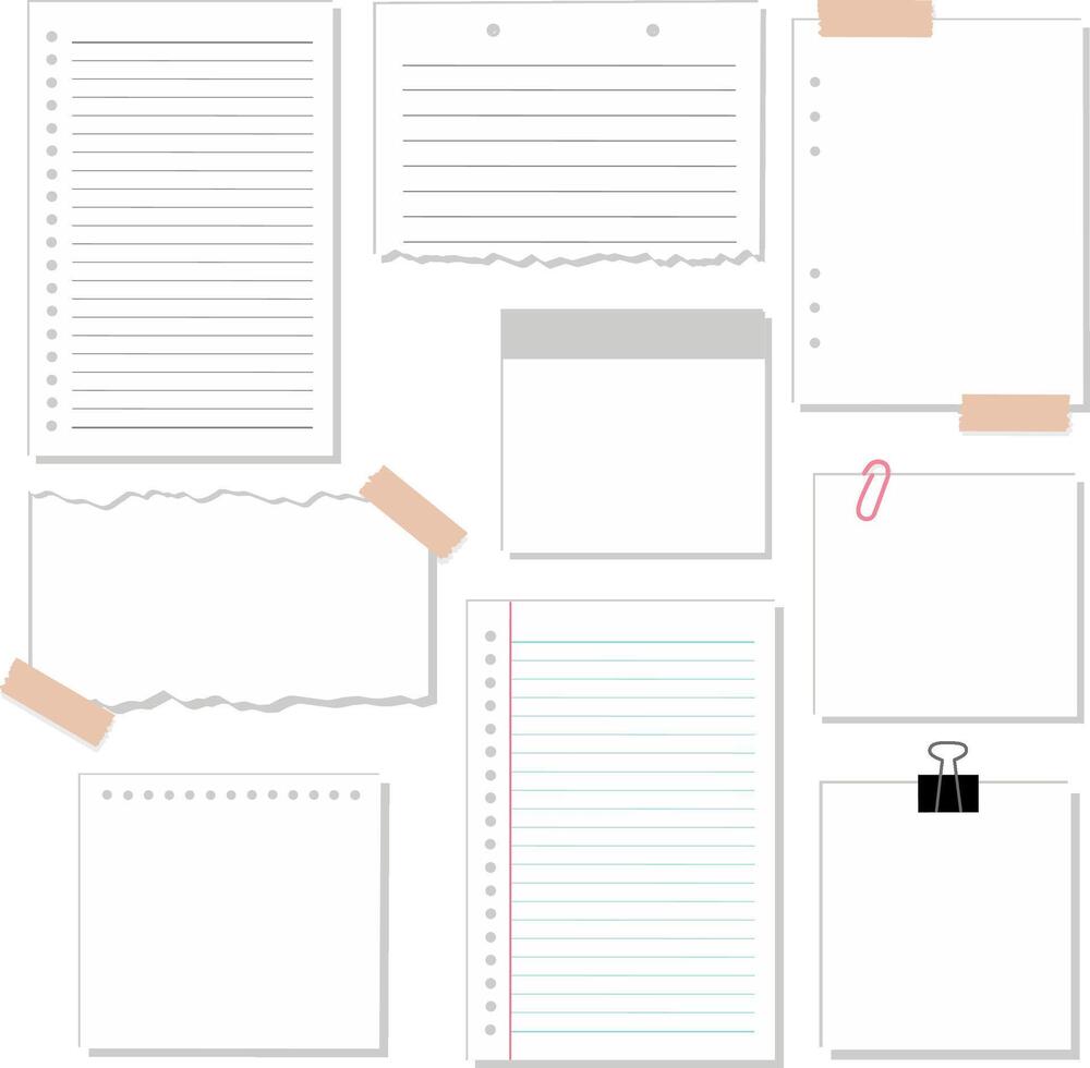 Set of White Loose Leaf Notebook Paper with Masking and Paper Clip Illustration vector
