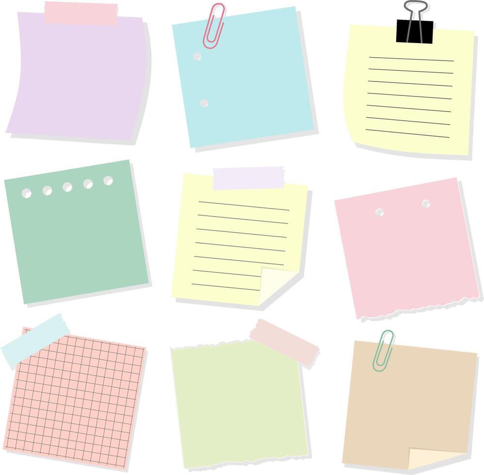 Set of Note Paper Sheet with Binder Clip and Adhesive Tape. Post It Memo vector
