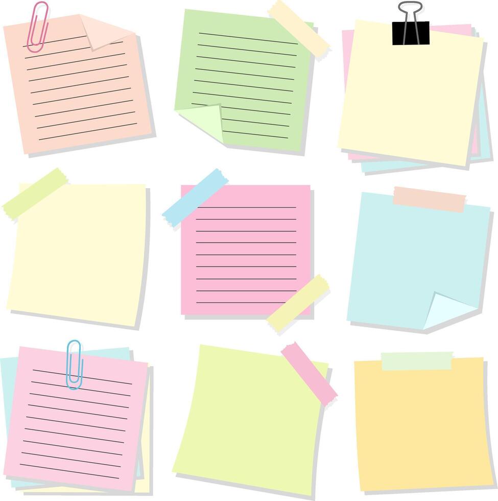 Set of Note Paper Sheet with Binder Clip and Adhesive Tape. Post It Memo Illustration vector
