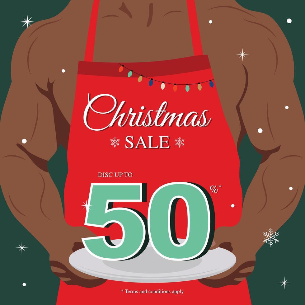 Christmas Sale Social Media Post Template with muscle man wearing a red apron vector