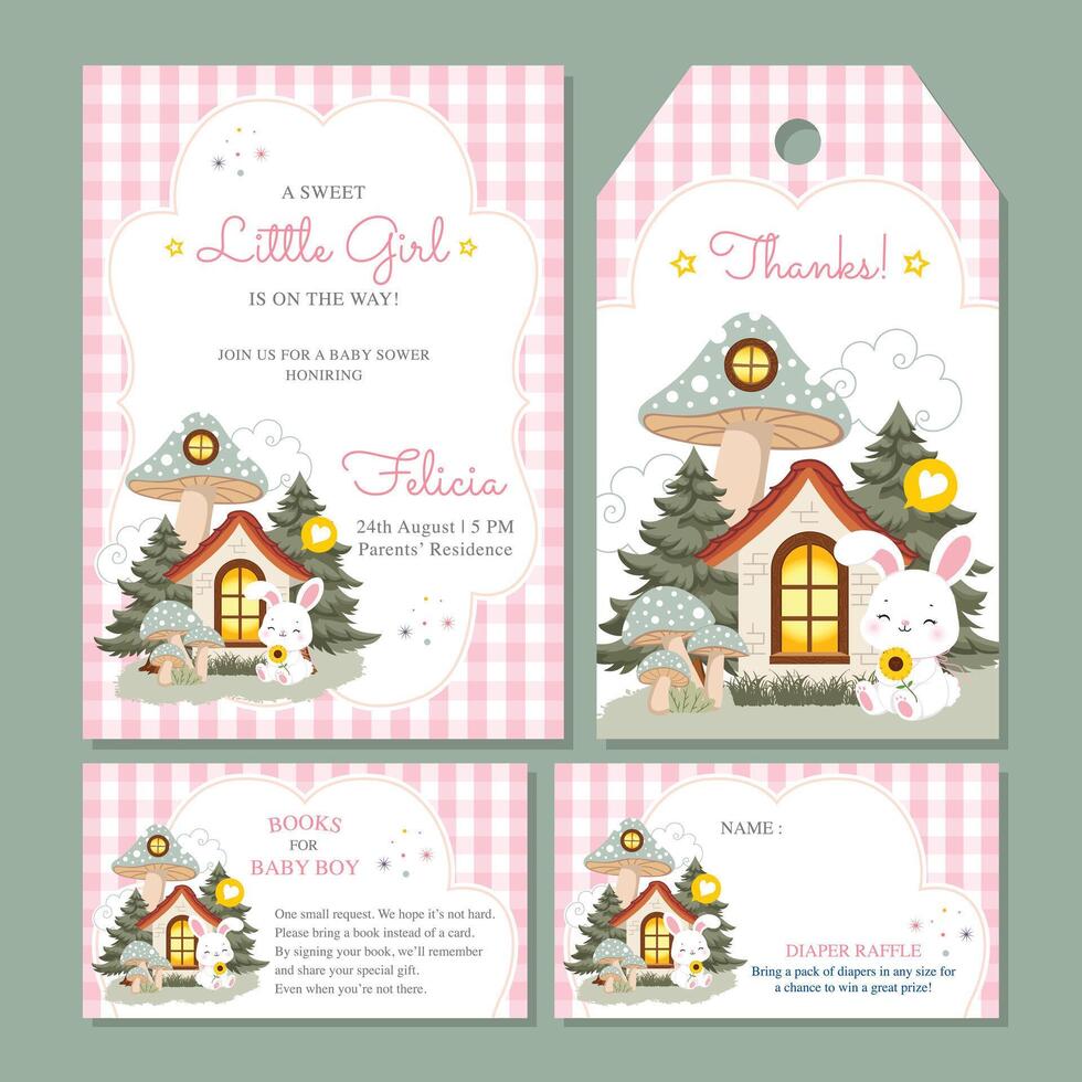 Set of baby shower girl invitation card with a cute bunny on a check pink pattern vector