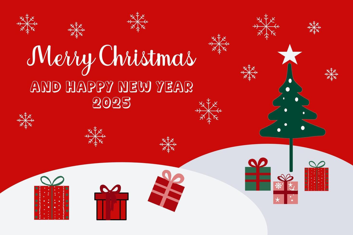 Christmas and Happy New Year greeting card with a Christmas tree and presents. The image is filled with white snowflakes on a red background. vector