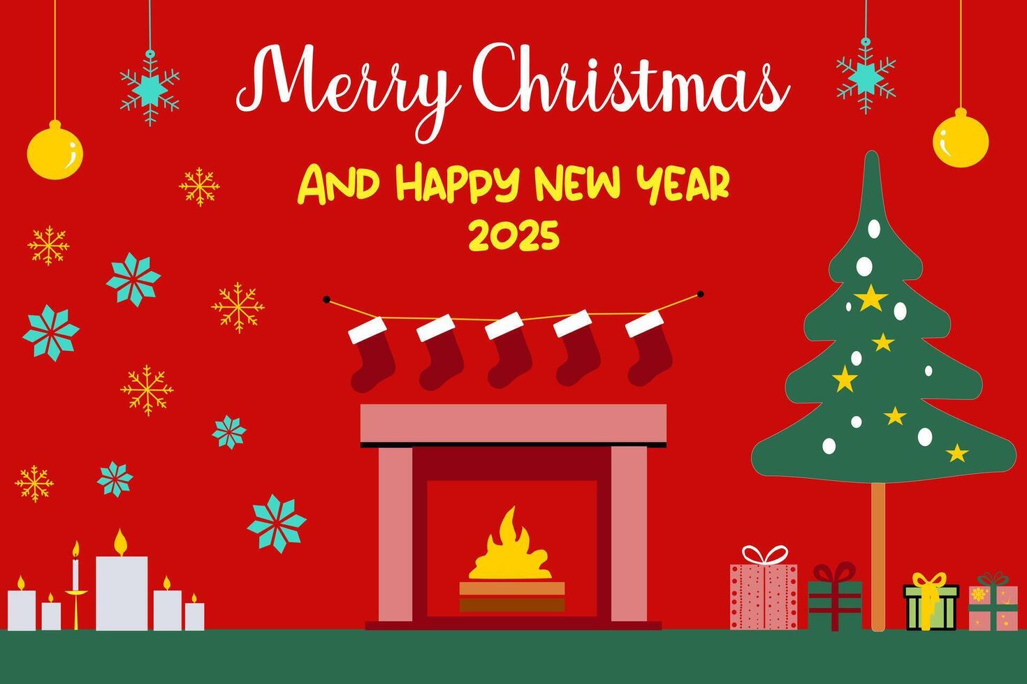 A festive Christmas and New Year greeting card with a fireplace, decorated Christmas tree, gifts, and ornaments. The card is designed in a flat, minimal style and features a warm, cozy atmosphere. vector