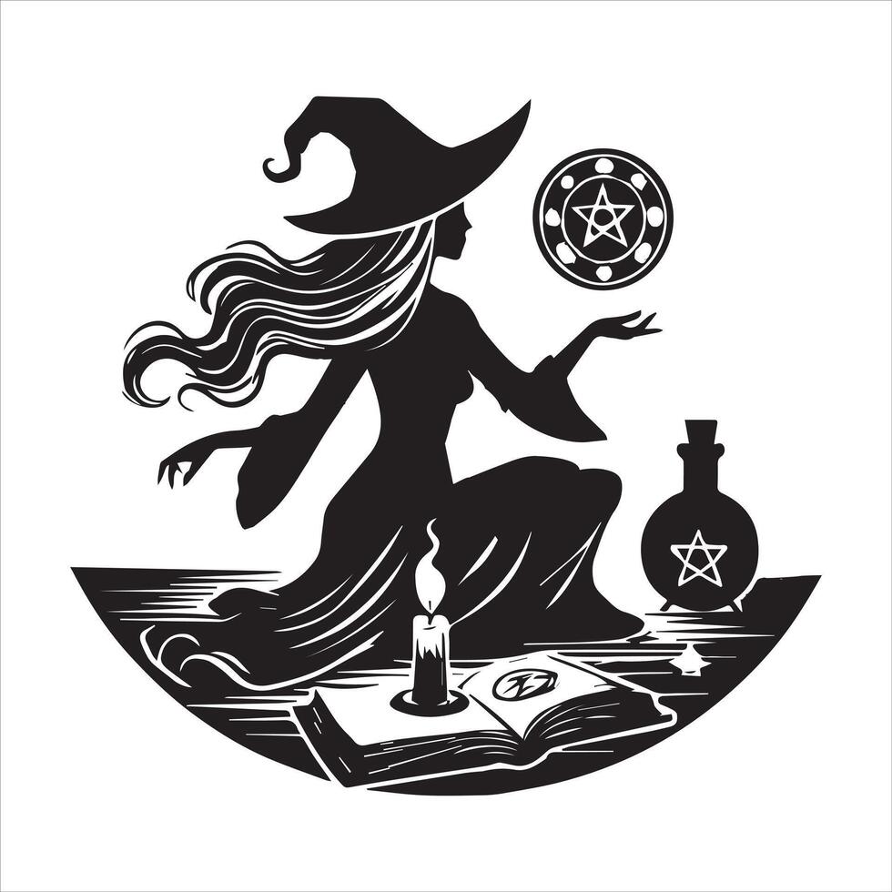 Witchcraft Moon Magic Silhouette Illustration vector