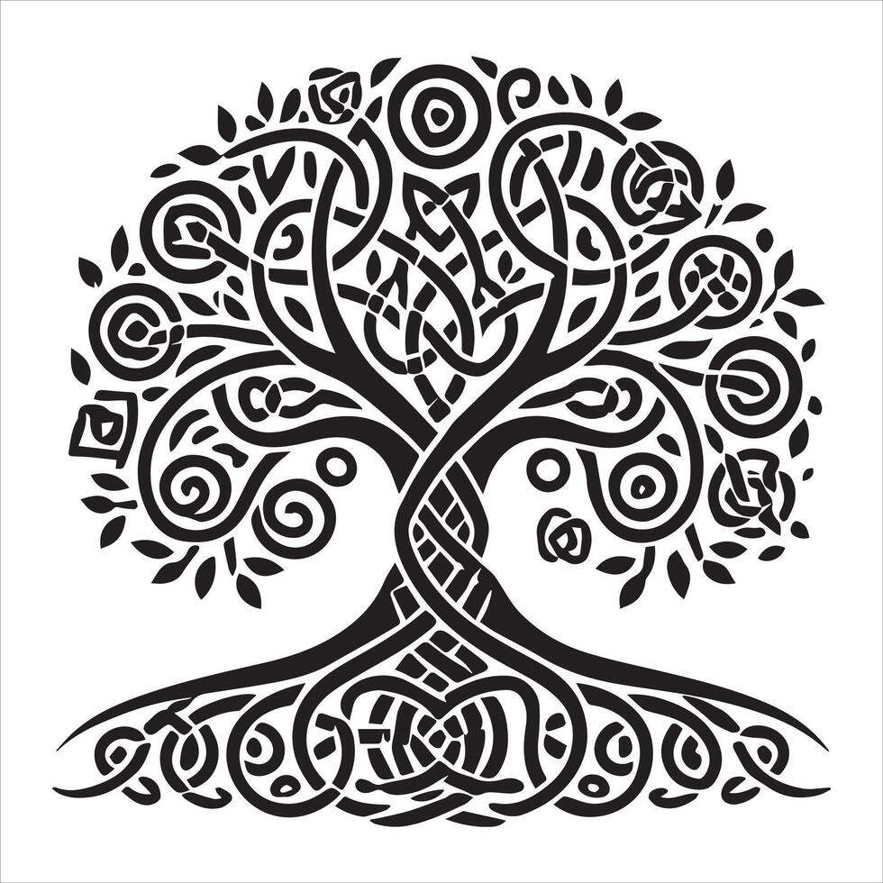 Celtic Tree of Life Silhouette with Spiraling Roots vector