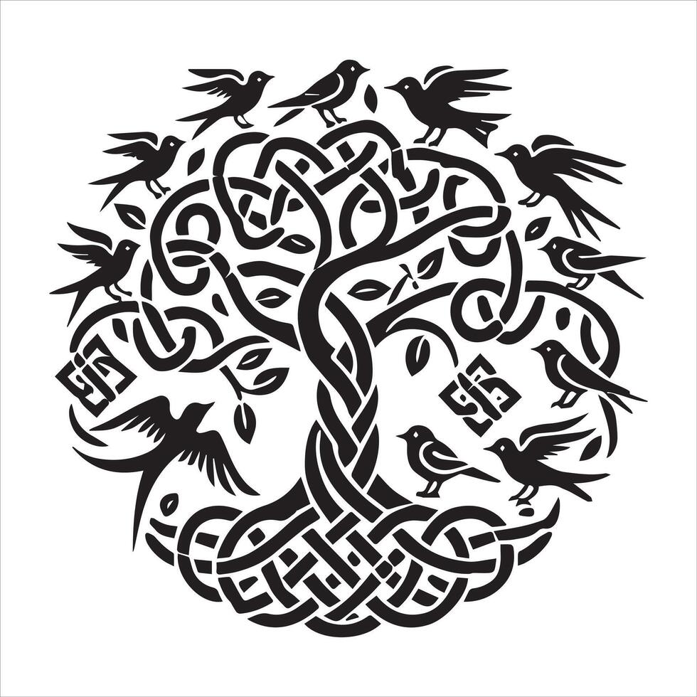 Celtic Tree of Life Clipart - Celtic Tree with cute bird Silhouette for Creative Projects vector