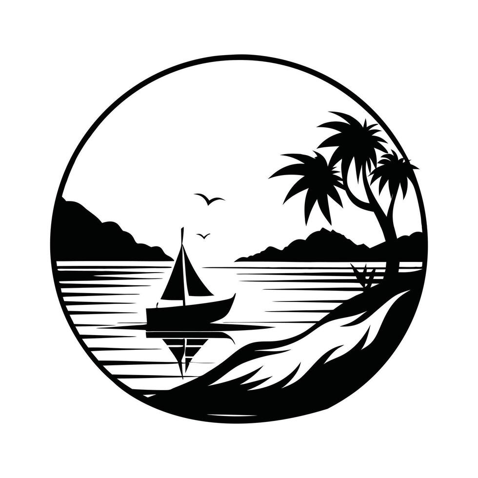 Ocean Life Scene Silhouettes - Black and White Sea Scene Design vector