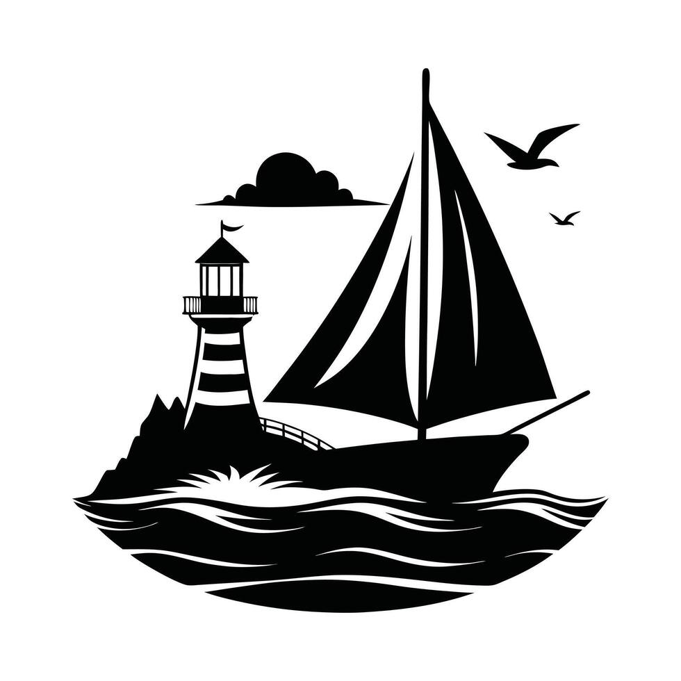 Minimalist Sea Scene Silhouettes - Black and White Ocean Life Design vector