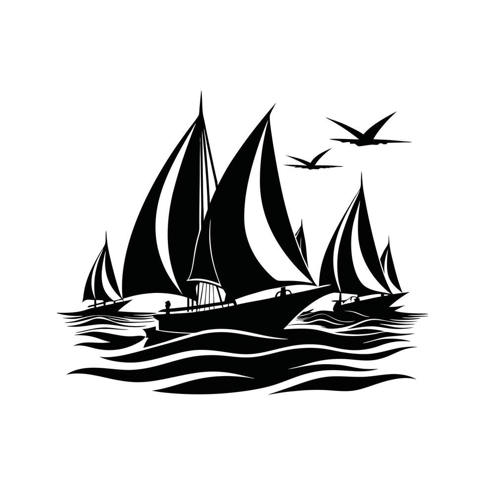 Black and White Ocean Scene Silhouettes - Sea Life Clipart Collection vector