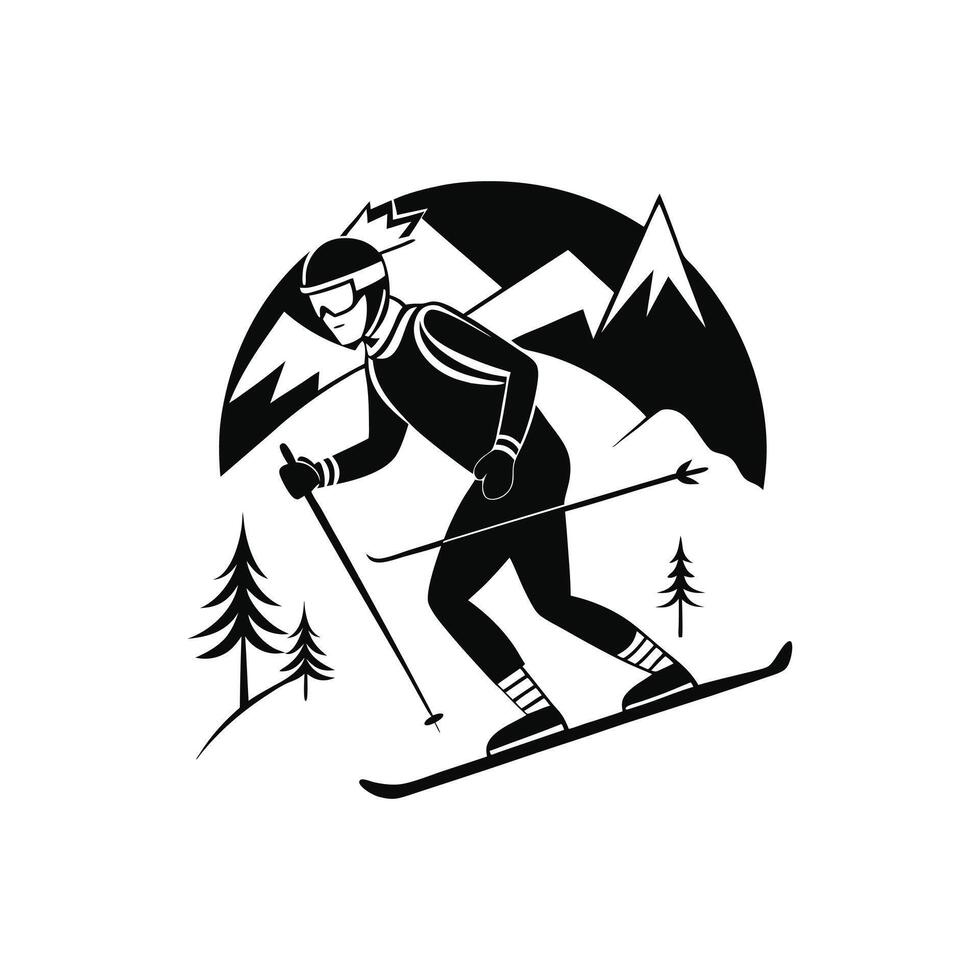 Monochrome Skiing Player Illustration - Black and White Skiing Clipart vector