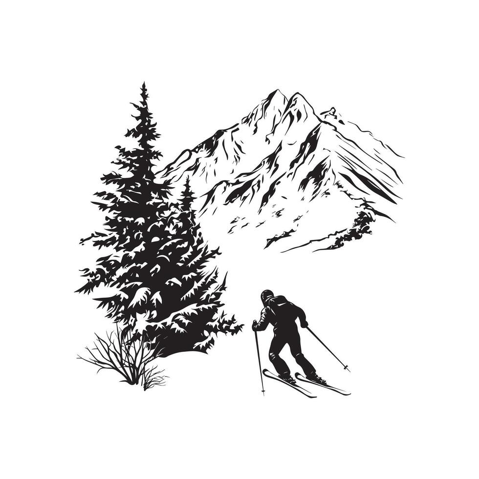 Skiing Player Silhouette Clipart - Black and White Sports Illustration vector