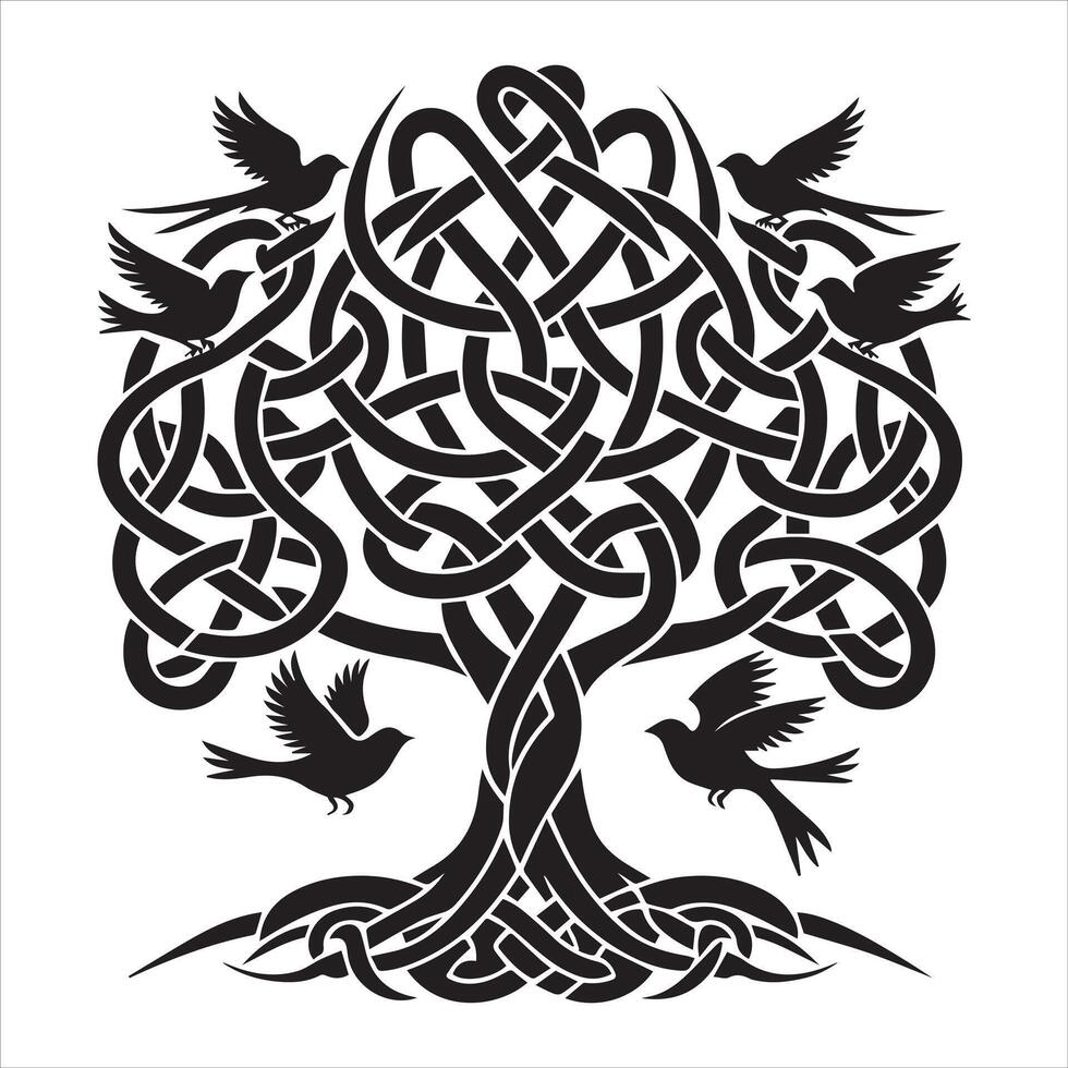 Elegant Celtic Tree of Life Silhouette - Celtic Tree with Bird Illustration Artwork vector