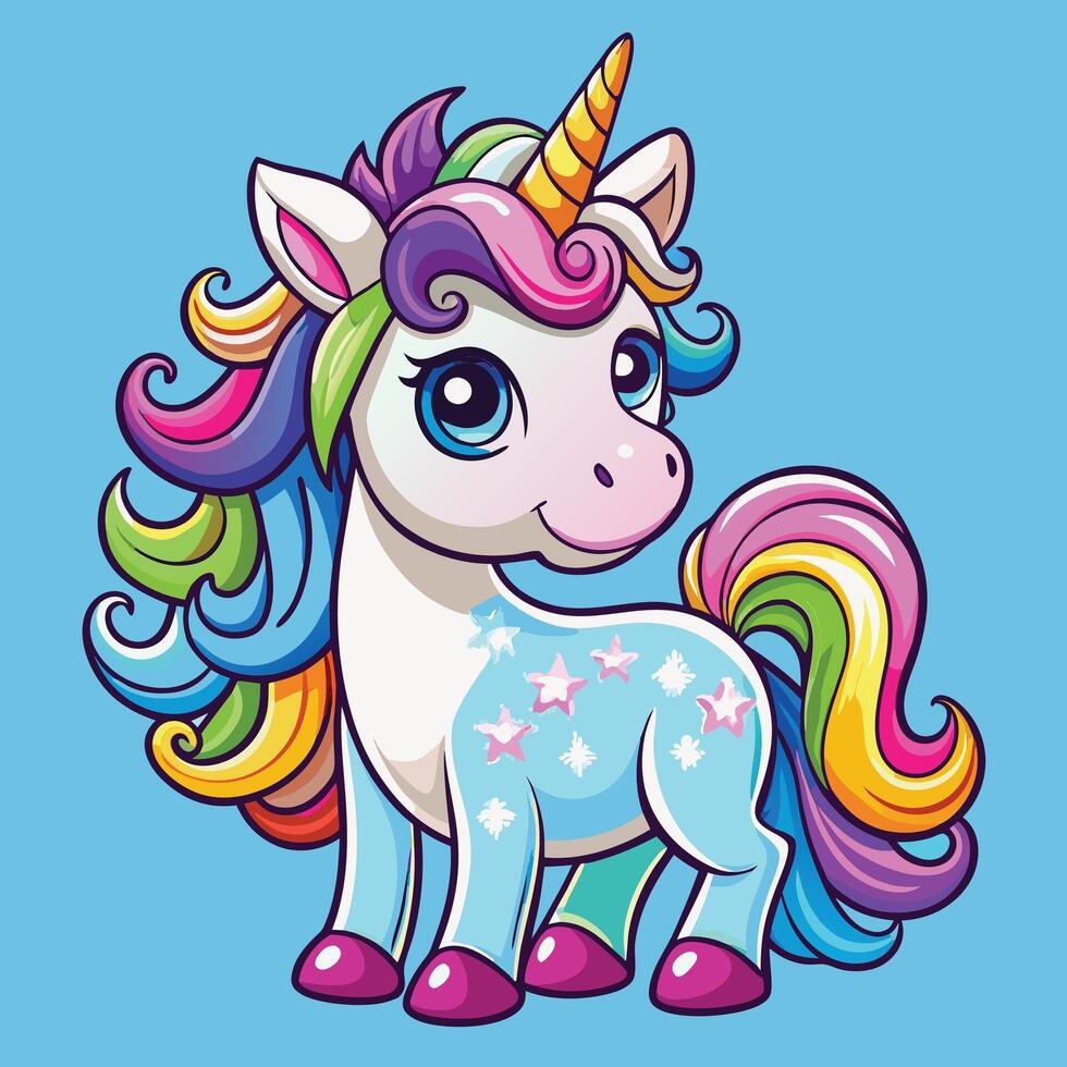 A cartoon unicorn with rainbow hair and a star on its head vector