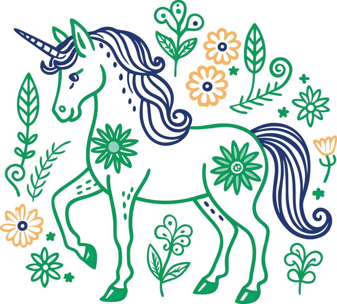 A unicorn with flowers and leaves in the background vector