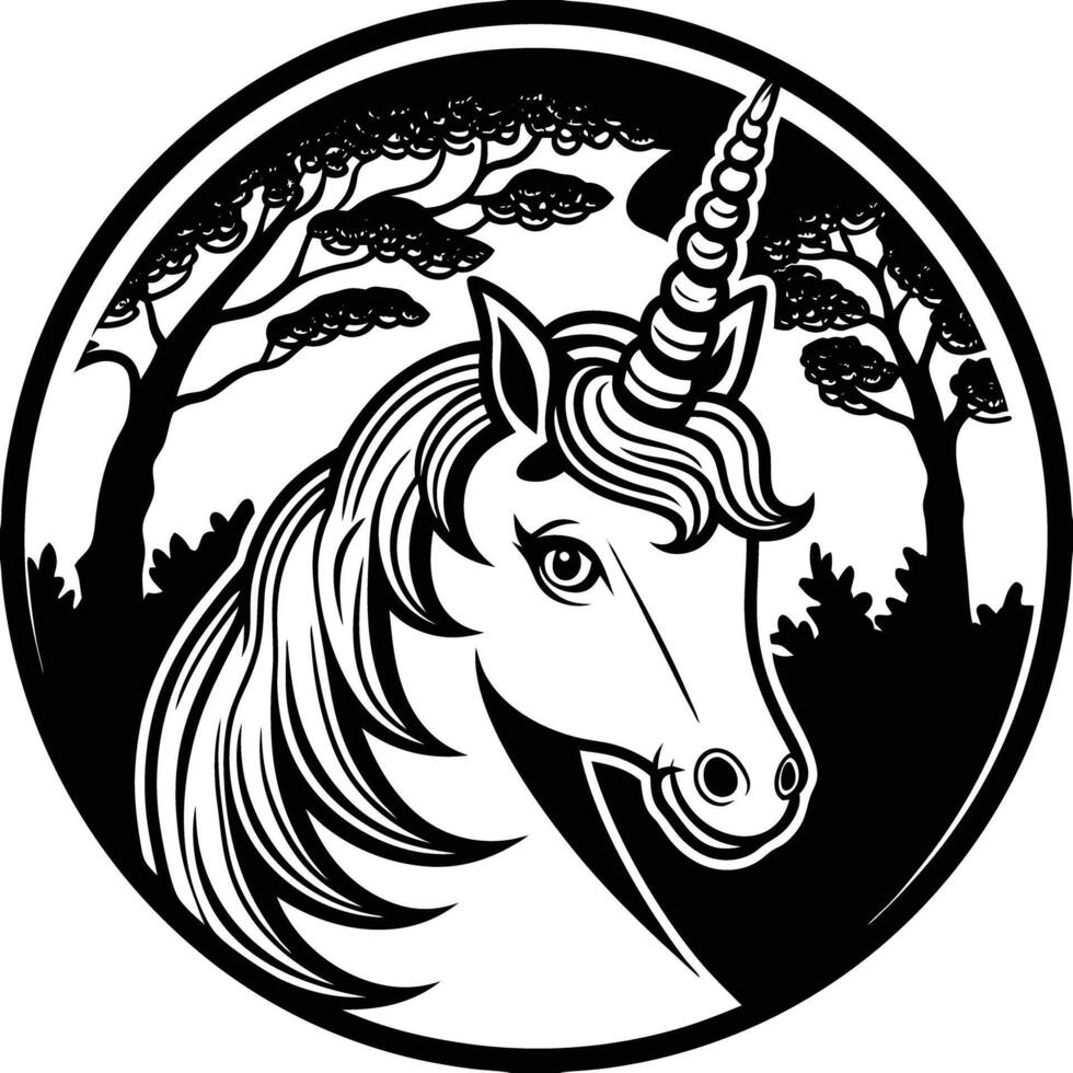 A unicorn head in a circle with trees and a forest vector