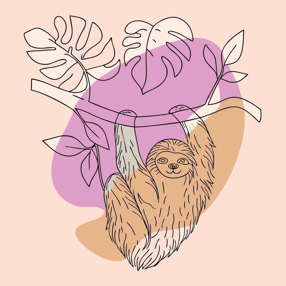 Sloth hanging on a branch with leaves and flowers vector