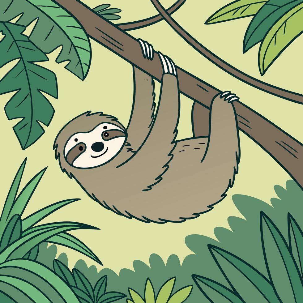 A cartoon sloth hanging on a tree branch in the jungle vector