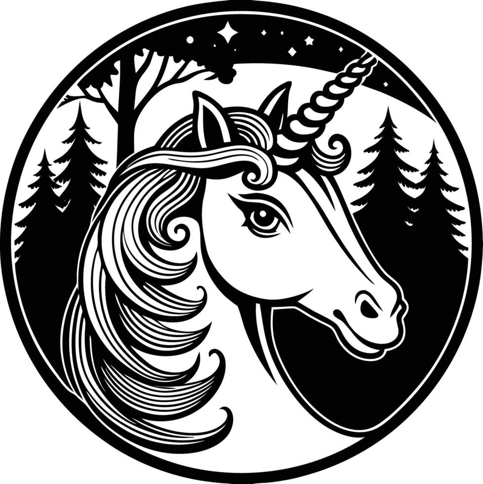 A unicorn head in a circle with trees and stars vector