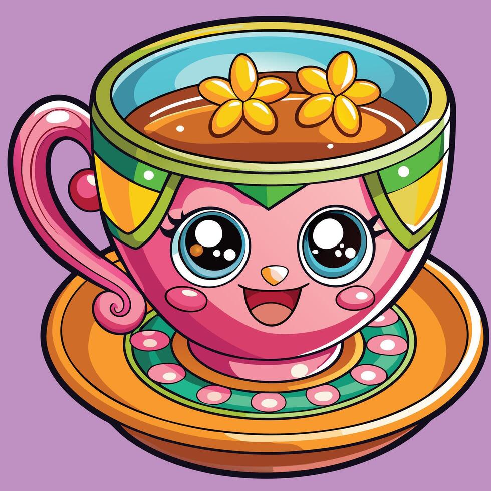 A cartoon cup with a smiley face and flowers vector