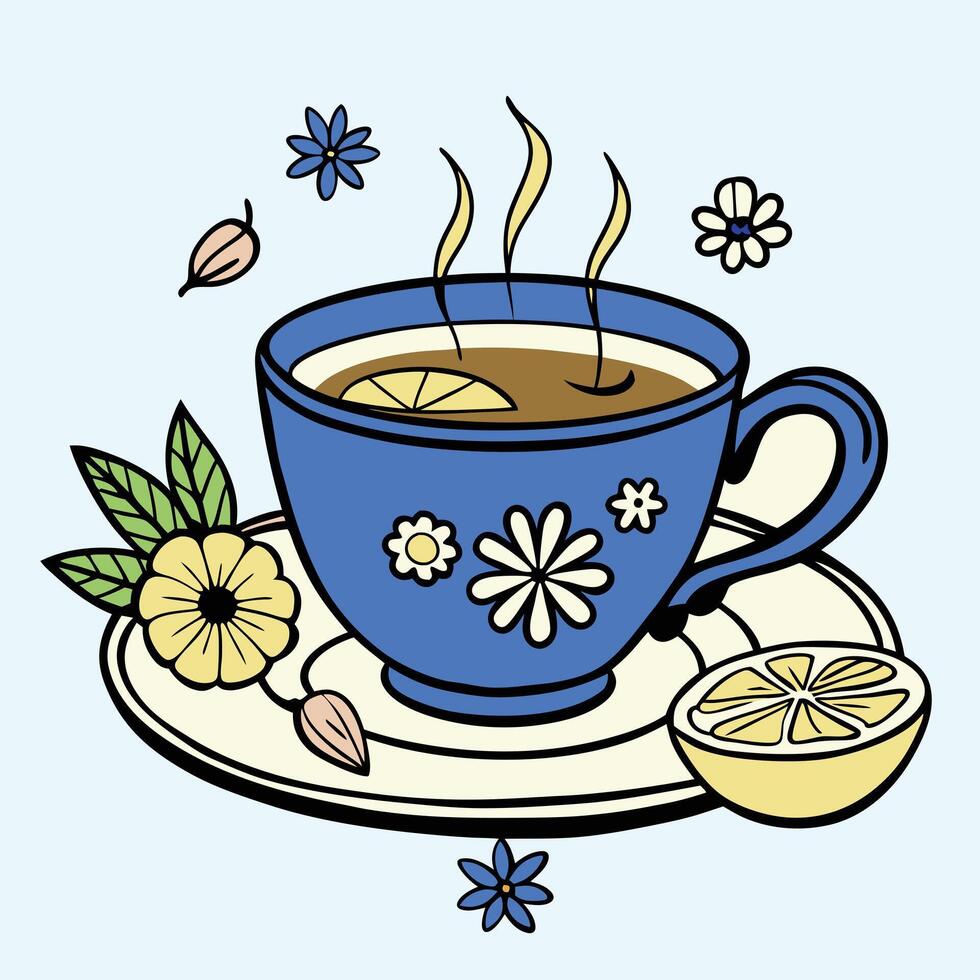 A cup of tea with lemon slices and flowers vector