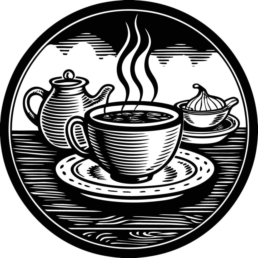 A cup of tea and a teapot in a circle vector