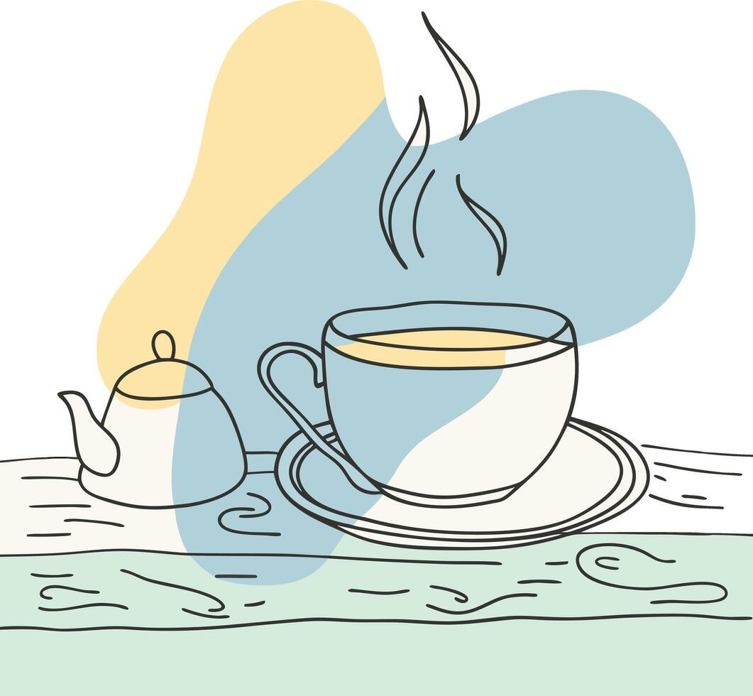 A cup of tea and teapot on a table vector