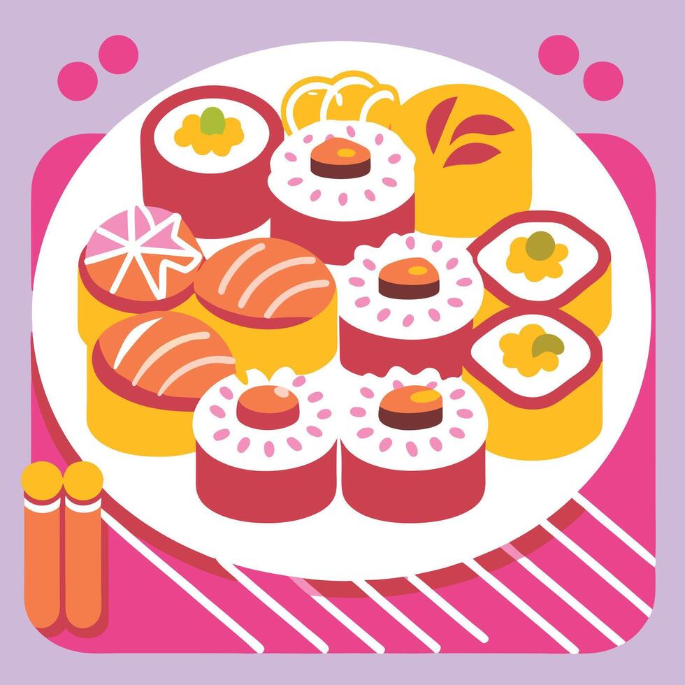 A plate with sushi and other food on it vector
