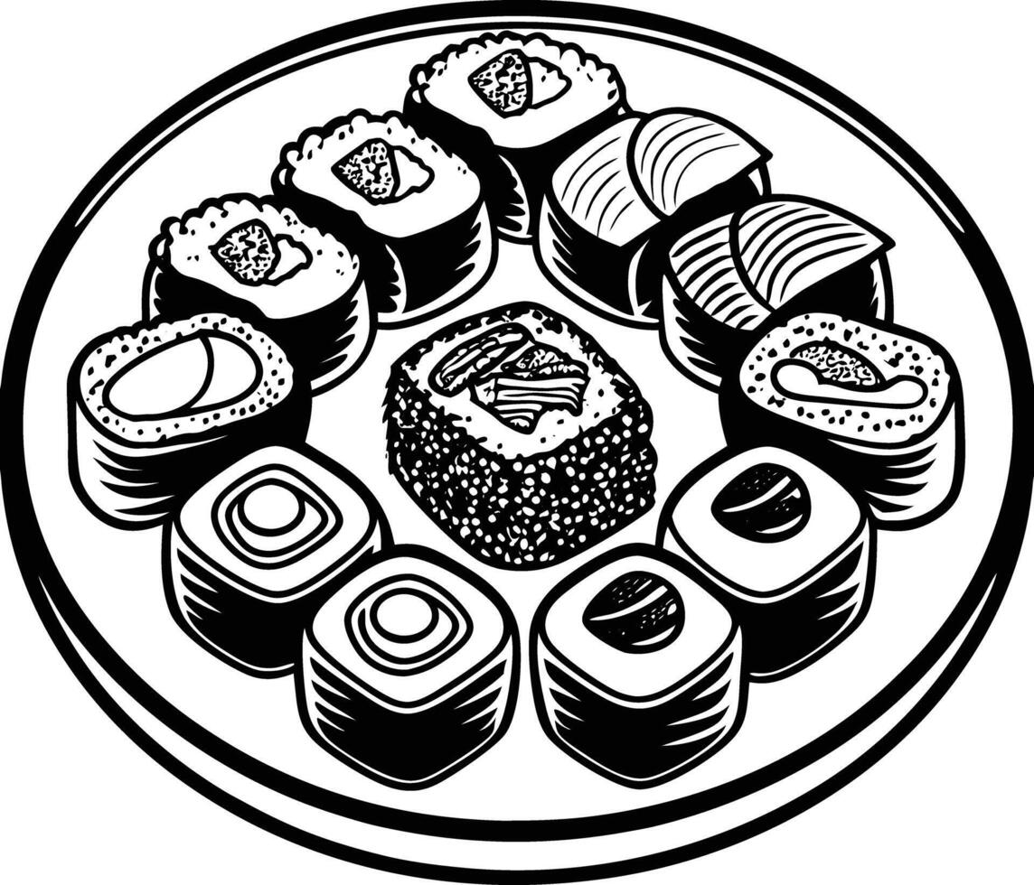 Sushi plate with different types of sushi vector