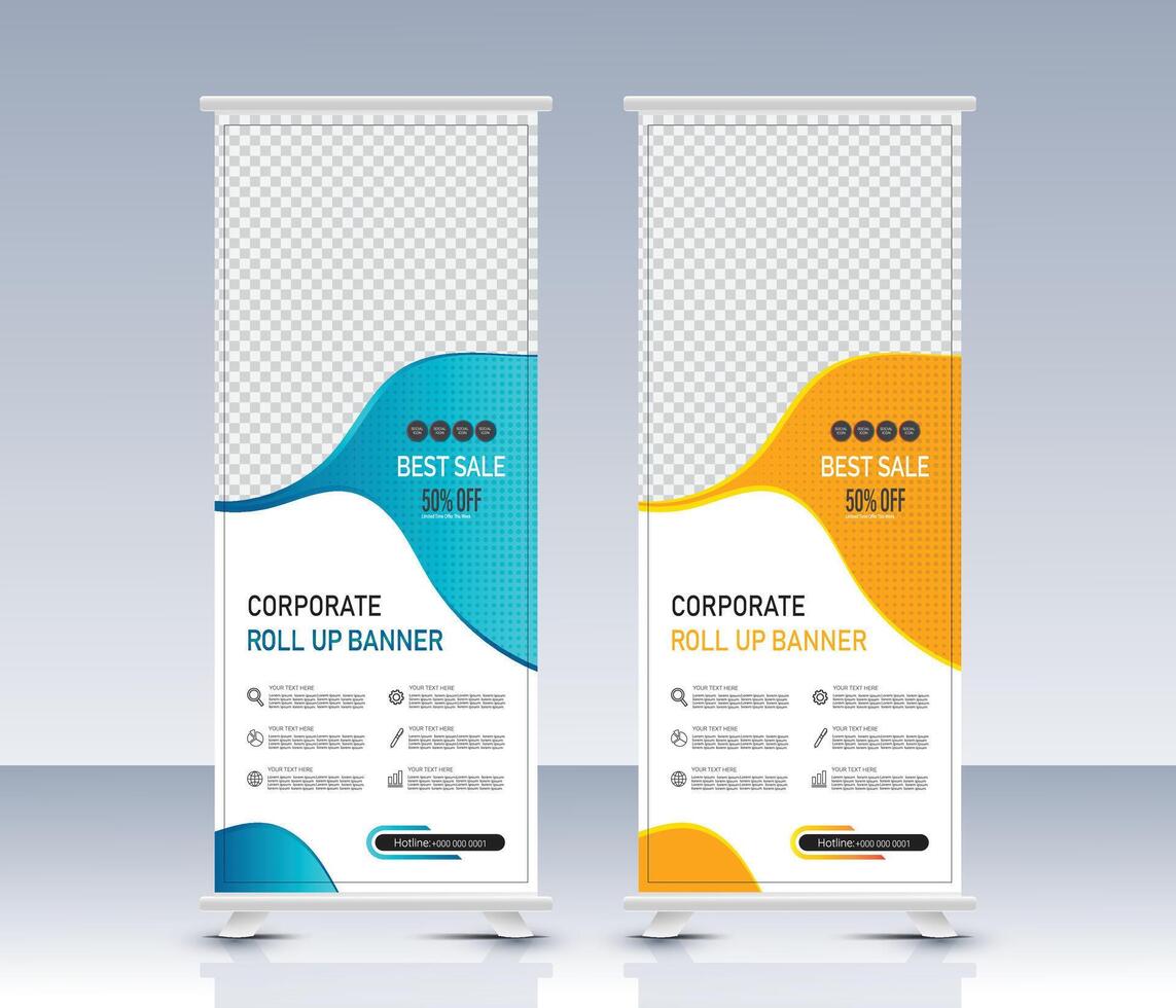 Commercial blue and yellow roll up banner template design with abstract shapes vector