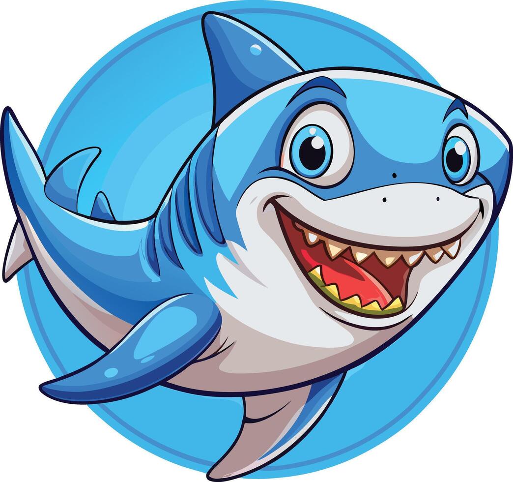 A cartoon shark with big teeth and a blue circle vector