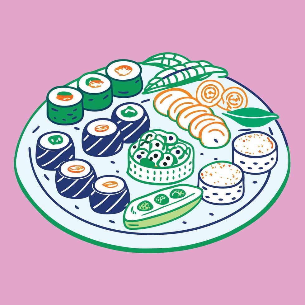 An illustration of sushi on a plate vector