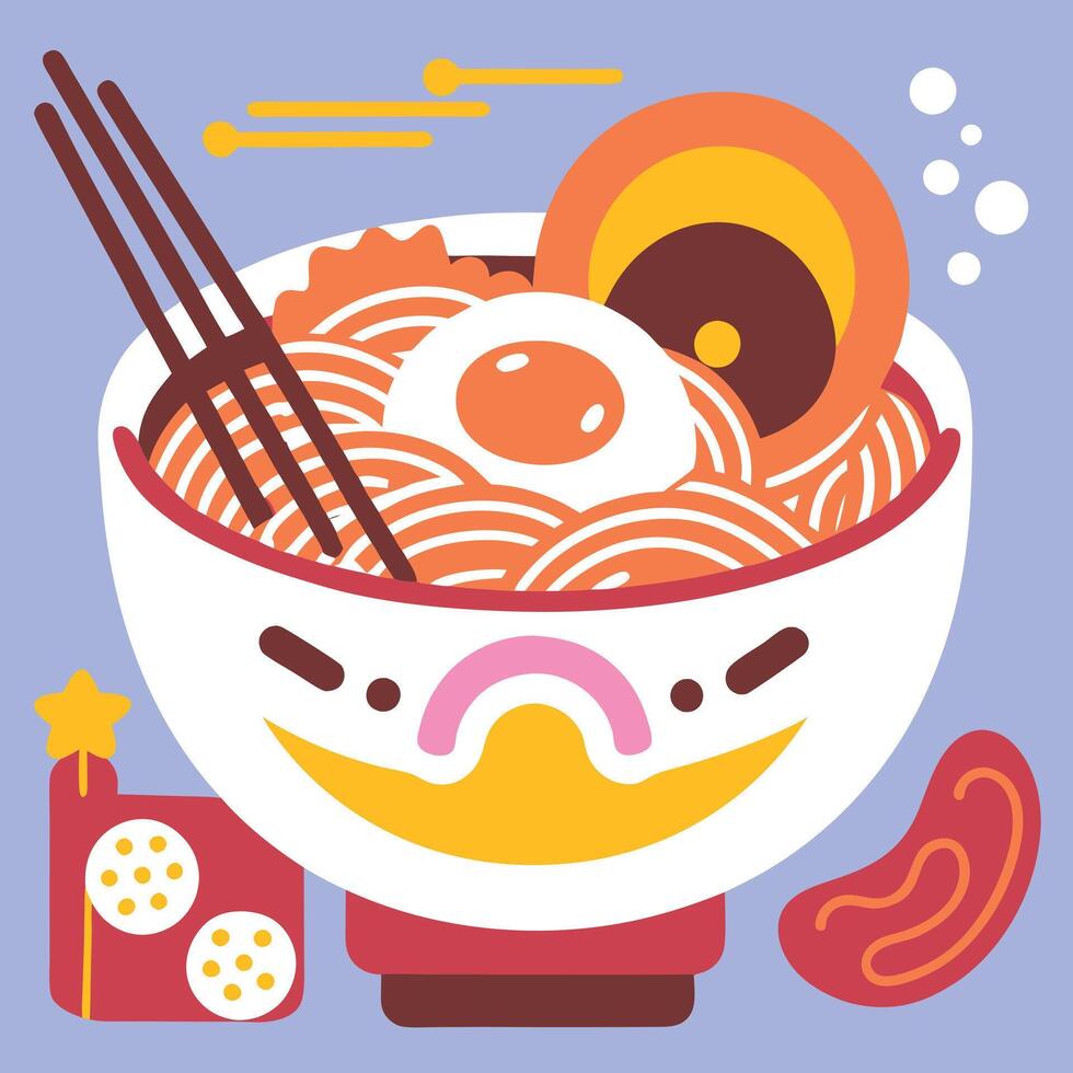 A bowl of ramen with an egg and chopsticks vector