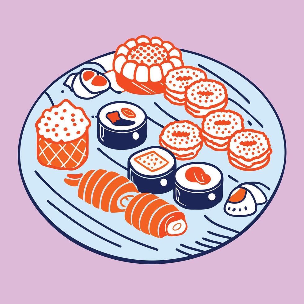 A plate with sushi and donuts on it vector