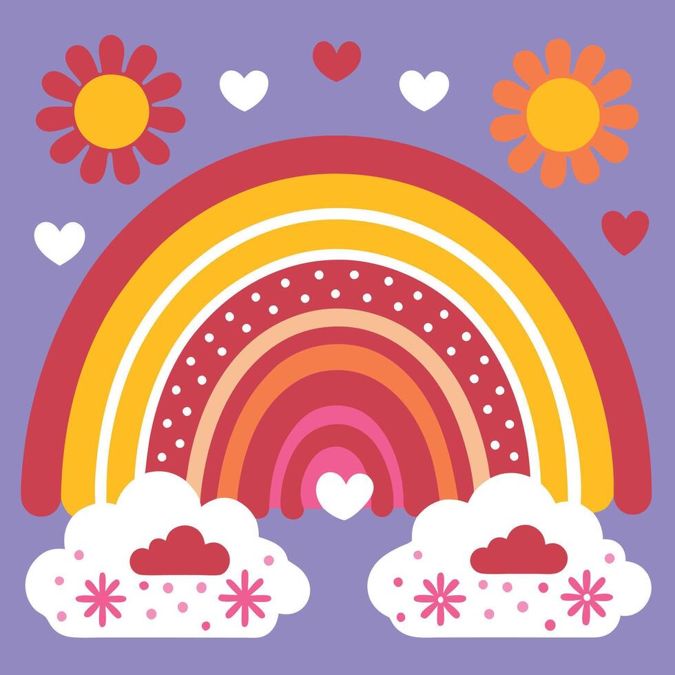 A rainbow and clouds with hearts and flowers vector