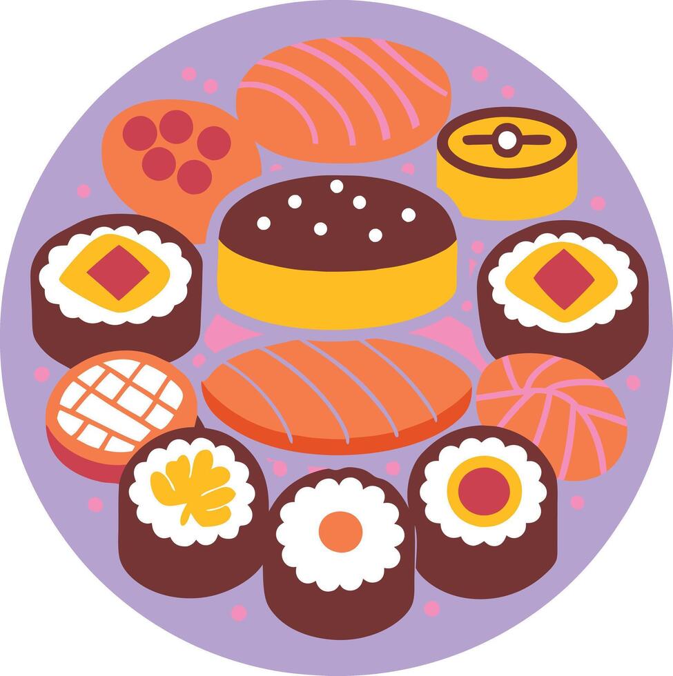A round plate with various types of food vector