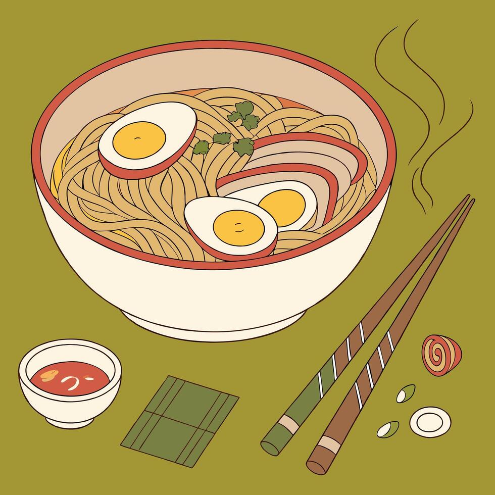 A bowl of noodles with eggs and chopsticks vector