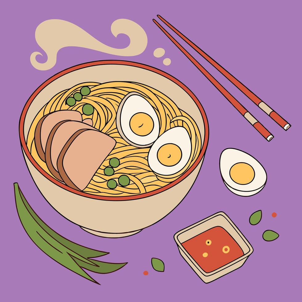 An illustration of ramen noodles with chopsticks and eggs vector