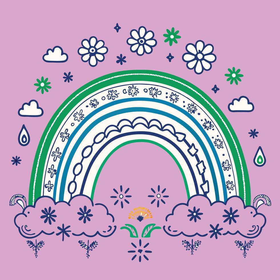 A rainbow and clouds on a purple background vector