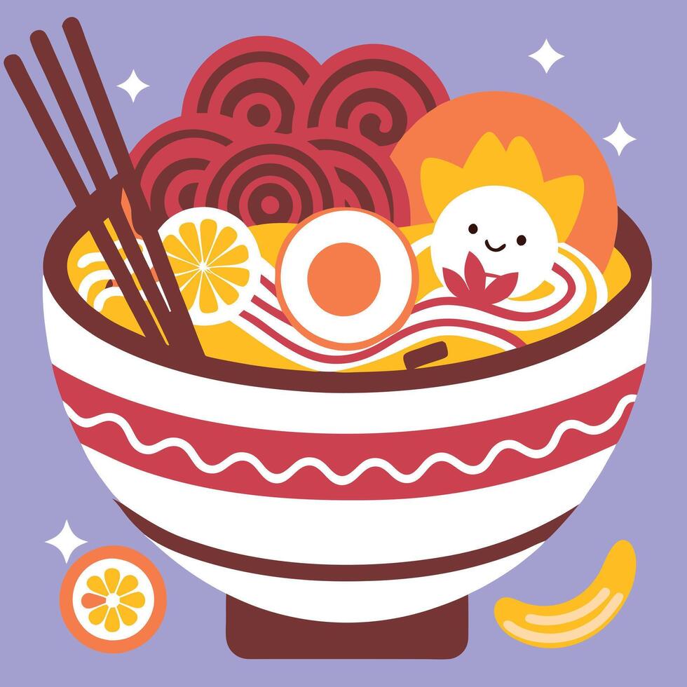 A bowl of ramen with an egg, chopsticks and oranges vector