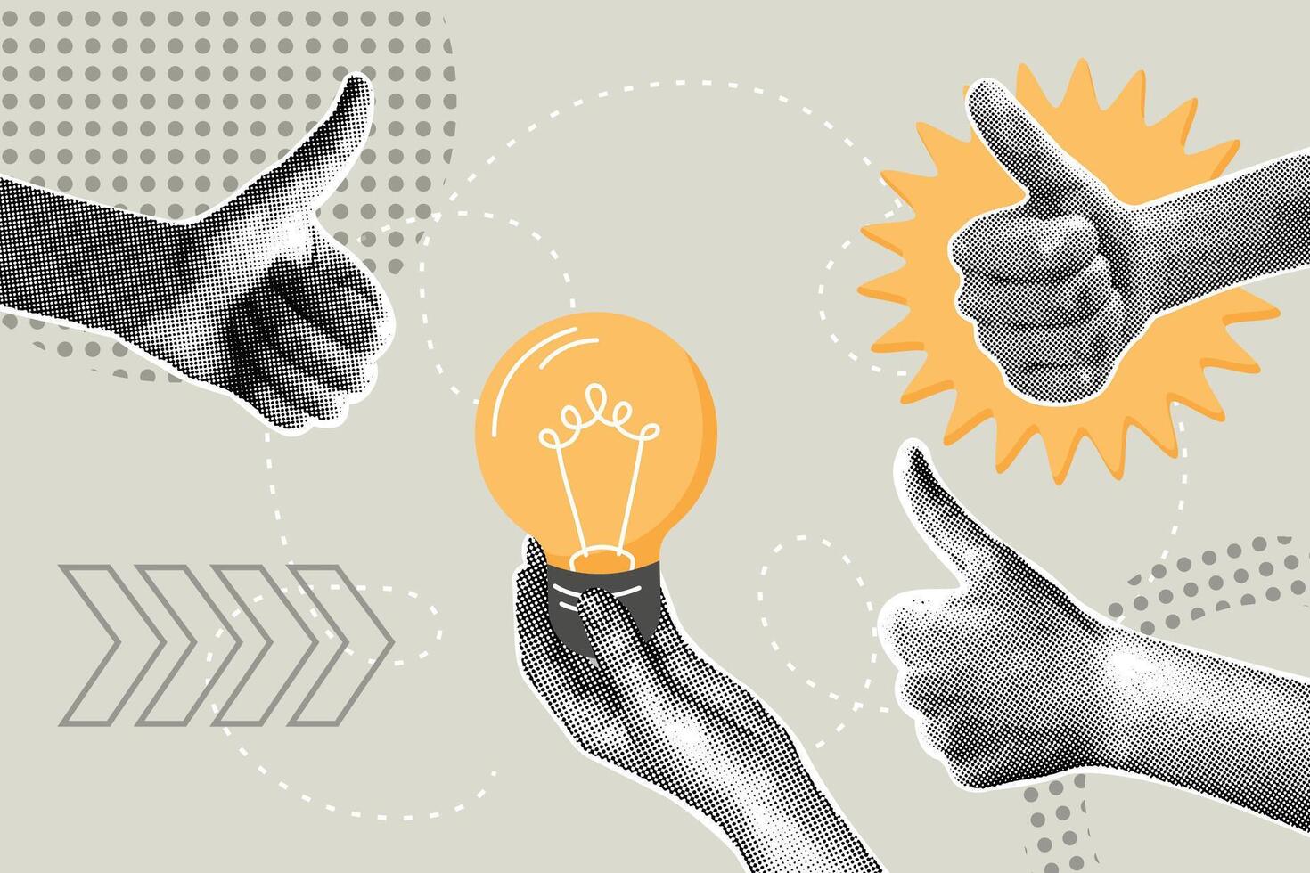 Modern halftone collage. Concept of idea, success, endorsement, banner with yes choice. Hands with thumbs up gestures.Modern business collage for design vector