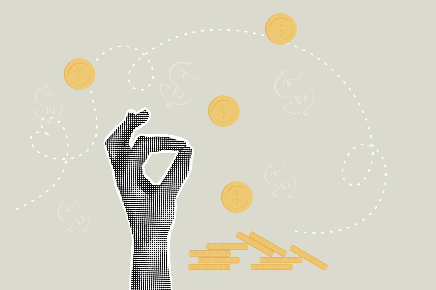 Trendy halftone collage.Concept of money, earnings, savings, business, sales. Illustration for web banner, social media banner, business presentation vector