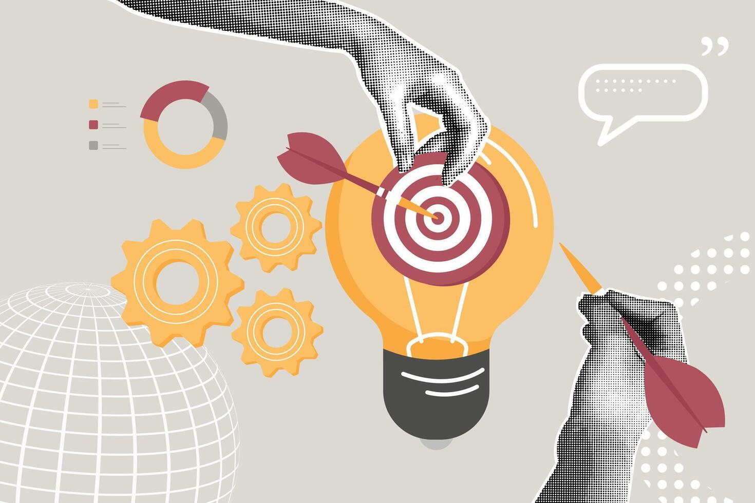 Trendy halftone collage. Concept of working together to achieve a goal, innovation, new product launch, breakthrough idea concept, business goal. Illustration for web banner, social media banner vector