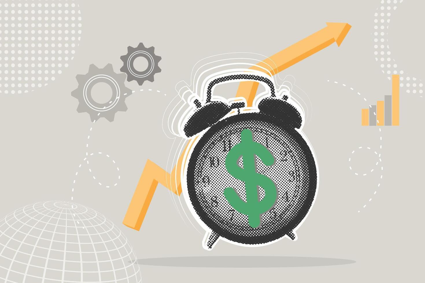 Trendy halftone collage. Concept of making profit, time for money, reminder to pay debt, bills, ringing alarm clock with dollar sign on dial. Illustration for web banner, social media banner vector