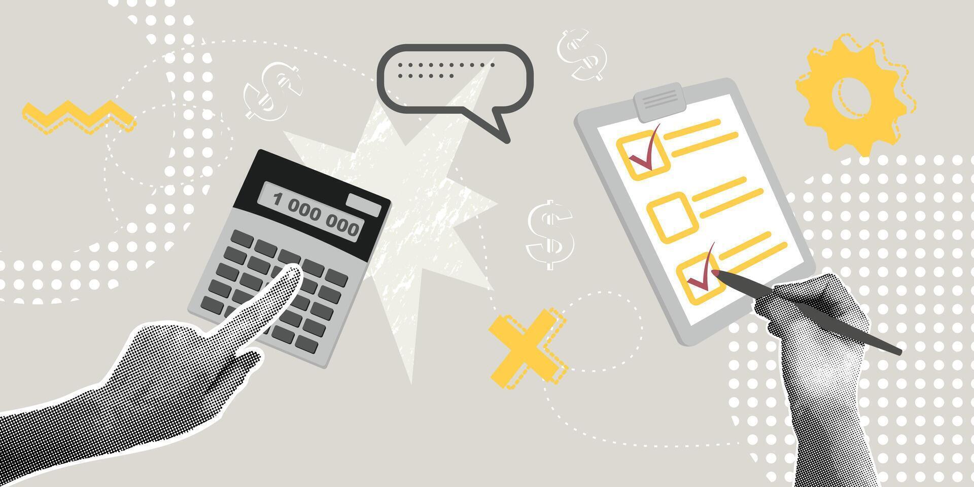 Trendy halftone collage. Accounting concept, summarizing, analytics,business development, optimization.Illustrations for web banners, social media, business presentations vector